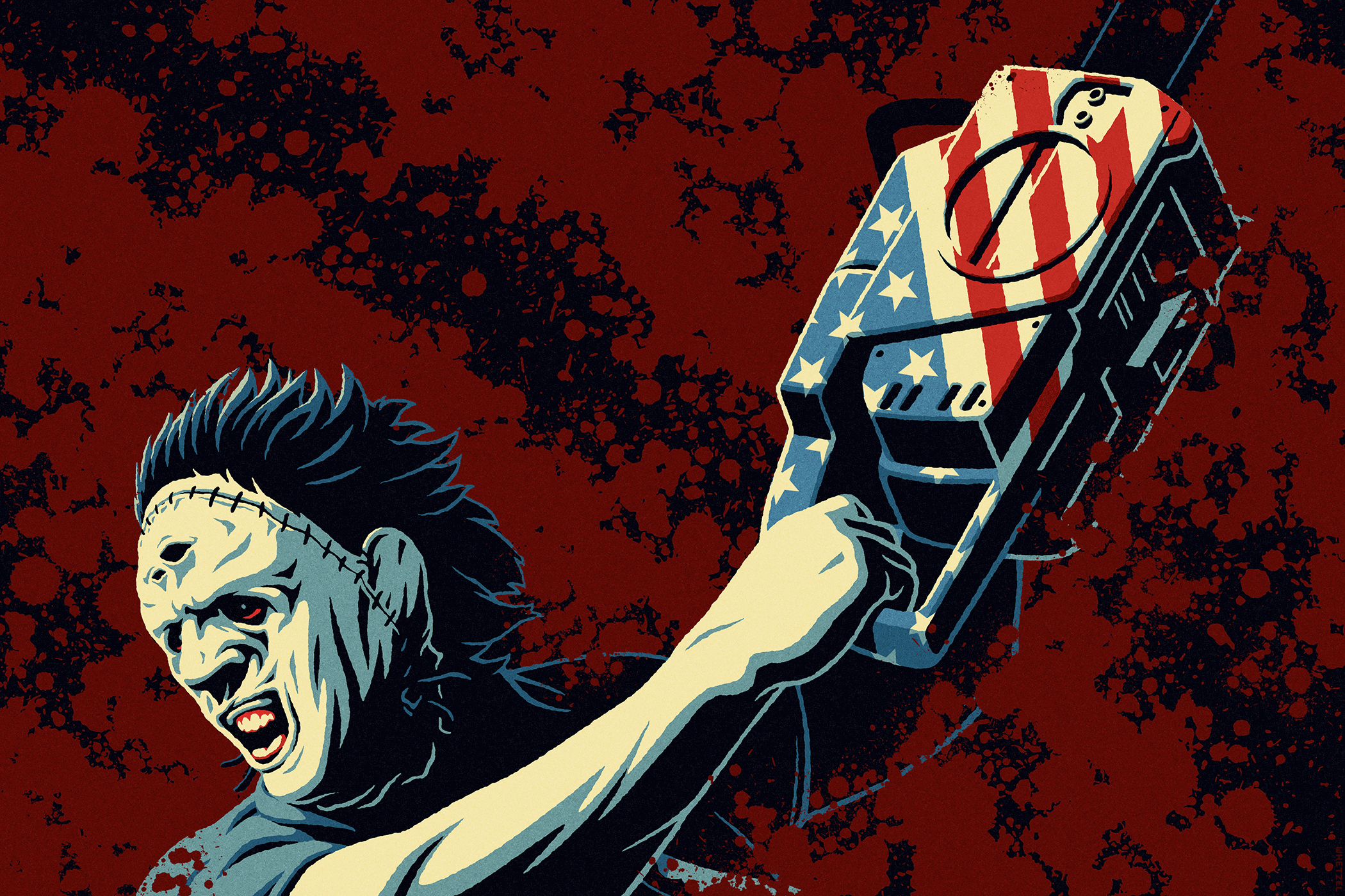 Leatherface brandishes a red-white-and-blue chain saw.