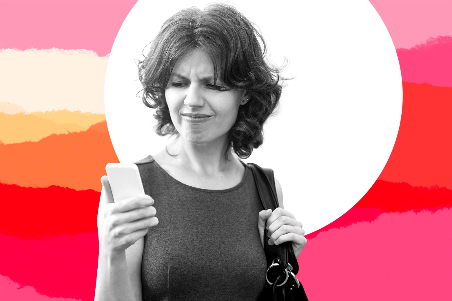 Photo illustration of a mom looking with anger at a cellphone.