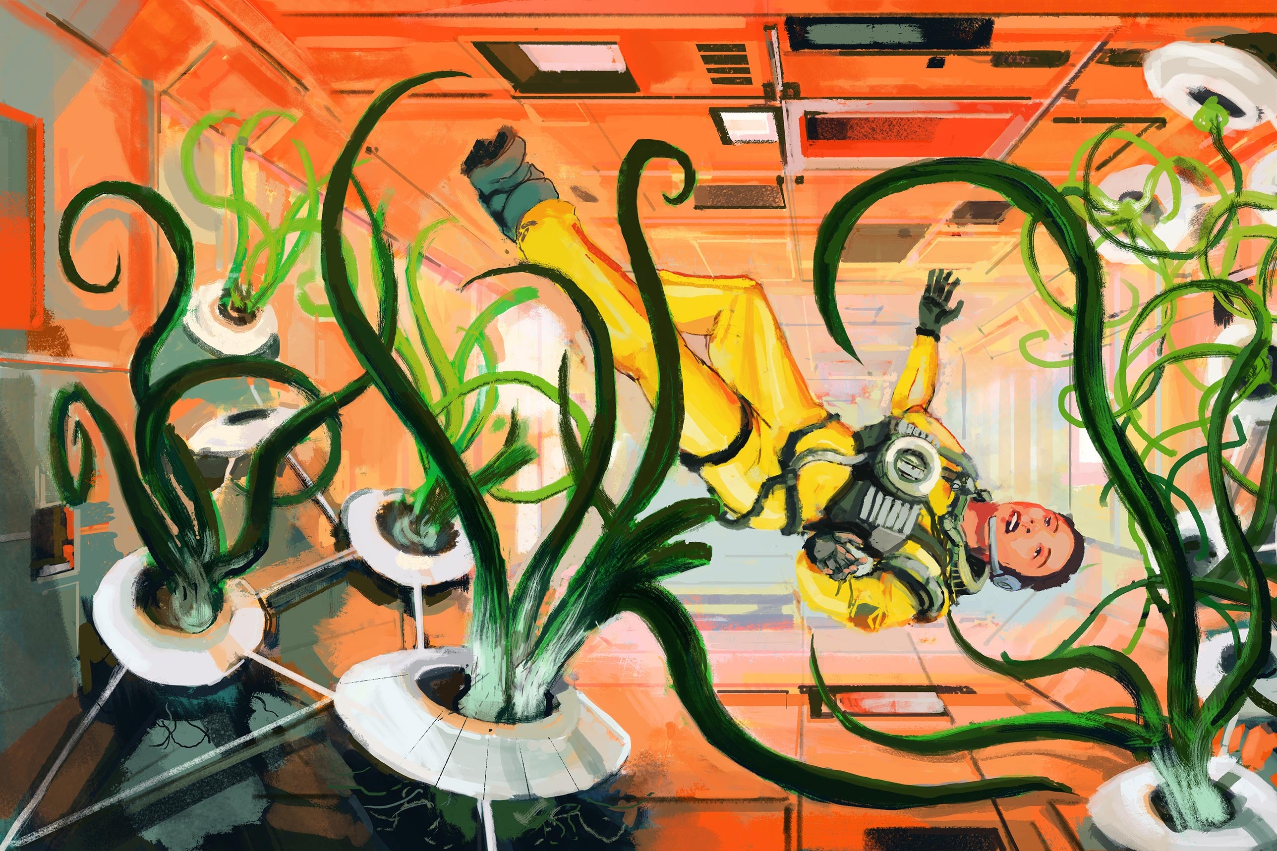 Illustration of Shengnan floating through a module hallway, surrounded by vast growing leek plants.