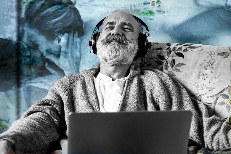 A man wearing headphones leans back in a chair with his eyes closed. There is a laptop on his lap, and there is a superimposed image of two people embracing and kissing in the background.