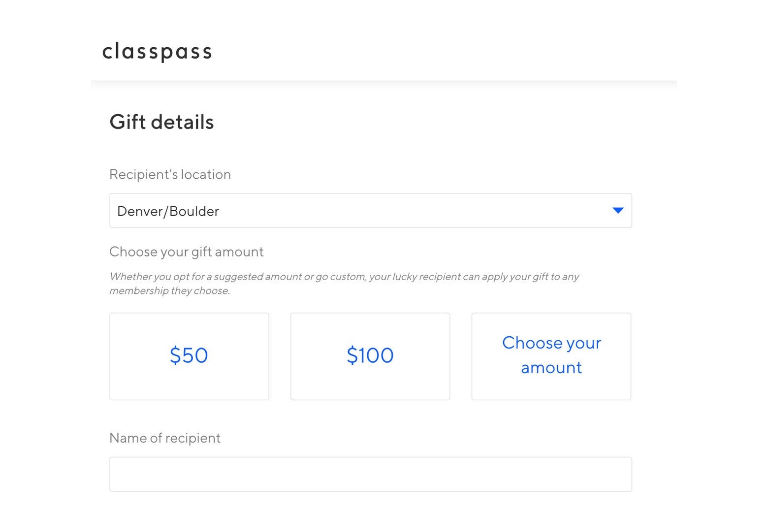 ClassPass gift selection screen