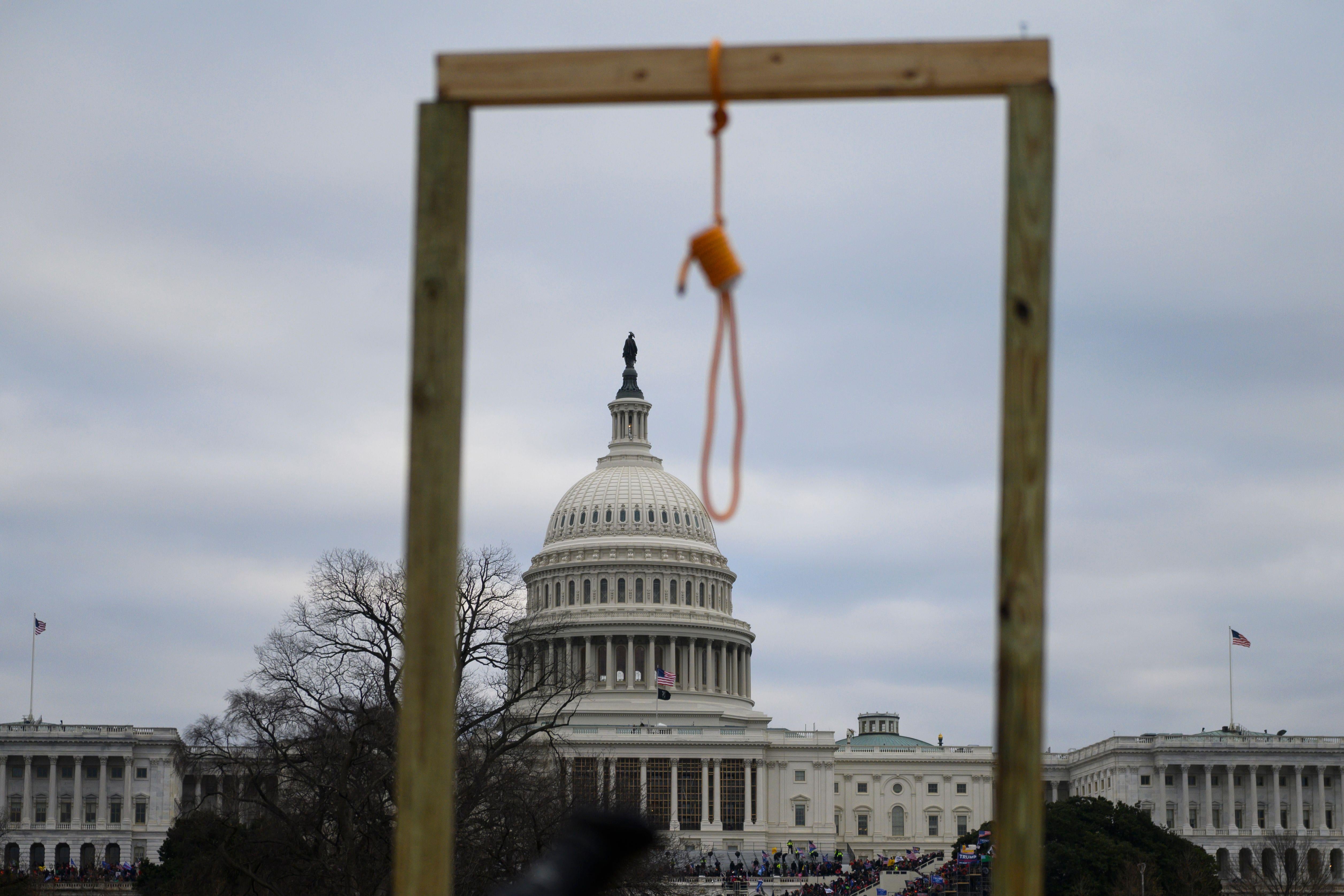 A noose hanging on a makeshift gallows in front of the west side of the Capitol on Jan. 6