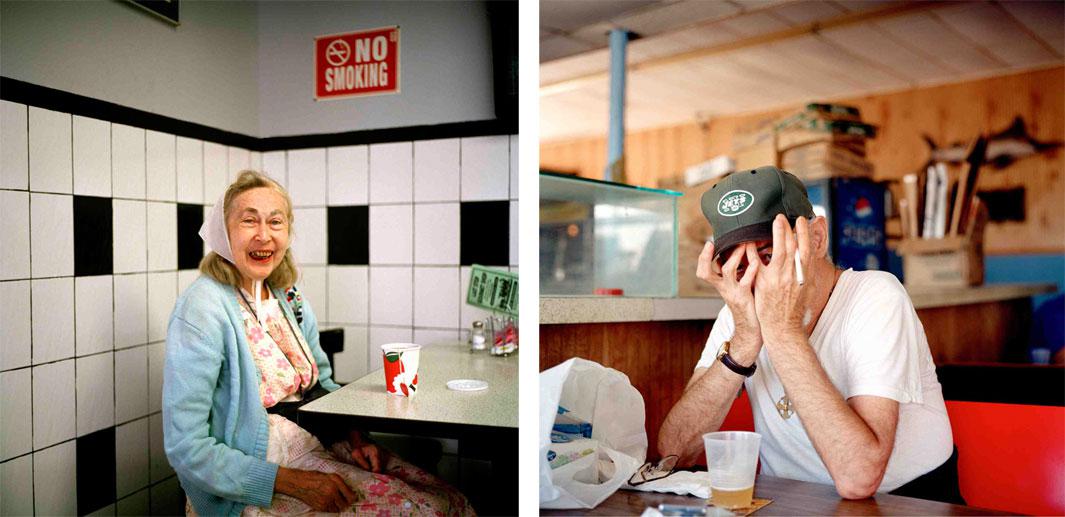 Left: Last Stop Diner, 2002. This image is from my very first trip shooting photographs in the Rockaways, in the summer of 2002. I returned to the diner with a print to give to the woman and asked the owner and wait staff if they knew how I might find her, but I never saw her again. Over the years, I became used to subjects who would come into my life and suddenly disappear without a trace. Right: Hiding, 2002. When I photographed this man at the Sand Bar at the beginning of my project, he covered his face. Soon after, I realized that some of the bar's patrons were living next door at the Park Inn, an adult residency for the mentally ill.