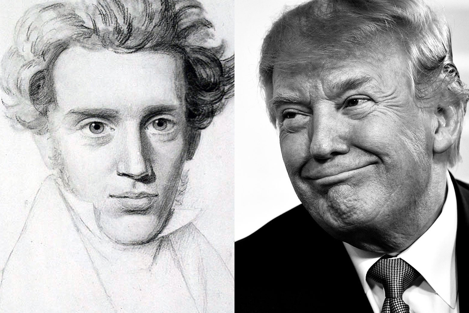 Side-by-side of a sketch of Kierkegaard and a photo of Trump