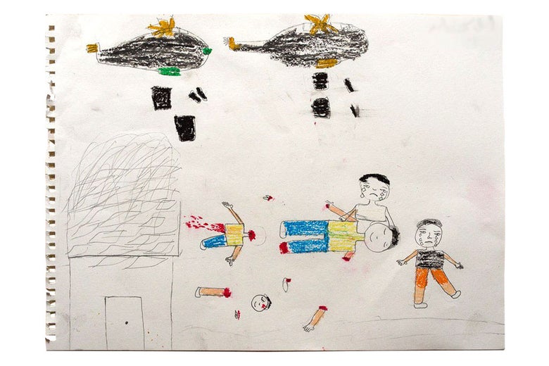 A Syrian child drew a picture of helicopters dropping bombs and children dying as a result. The surviving children are crying, while the deceased ones have smiles on their faces.