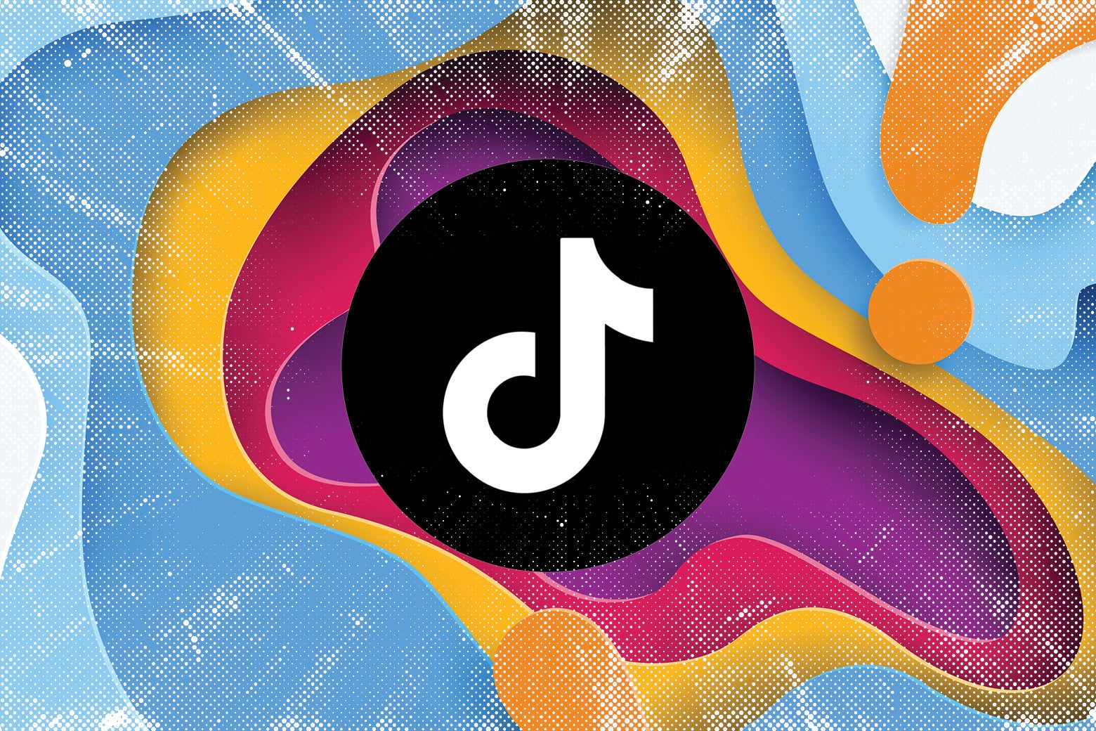 The TikTok logo surrounded by brightly colored swirls.