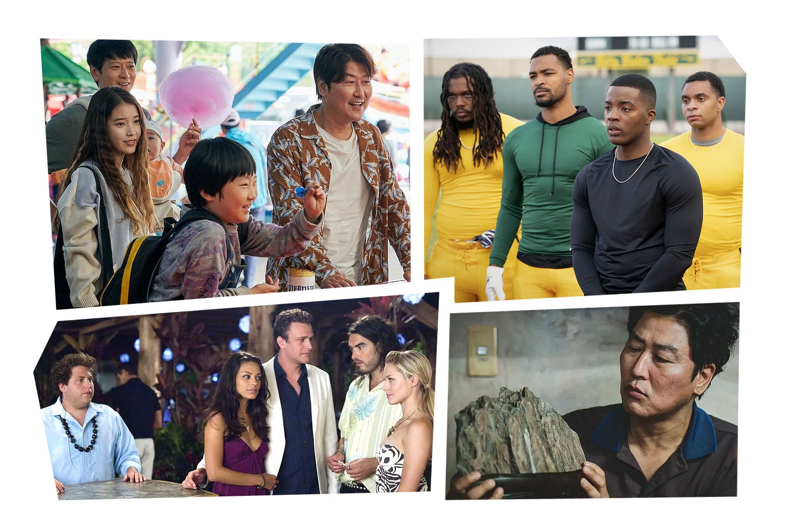 Clockwise: A still of the ensemble cast of Broker; a still of Daniel Ezra and some extras on the television show All American; a still of Song Kang-Ho in Parasite; a still of the ensemble cast of Forgetting Sarah Marshall. 
