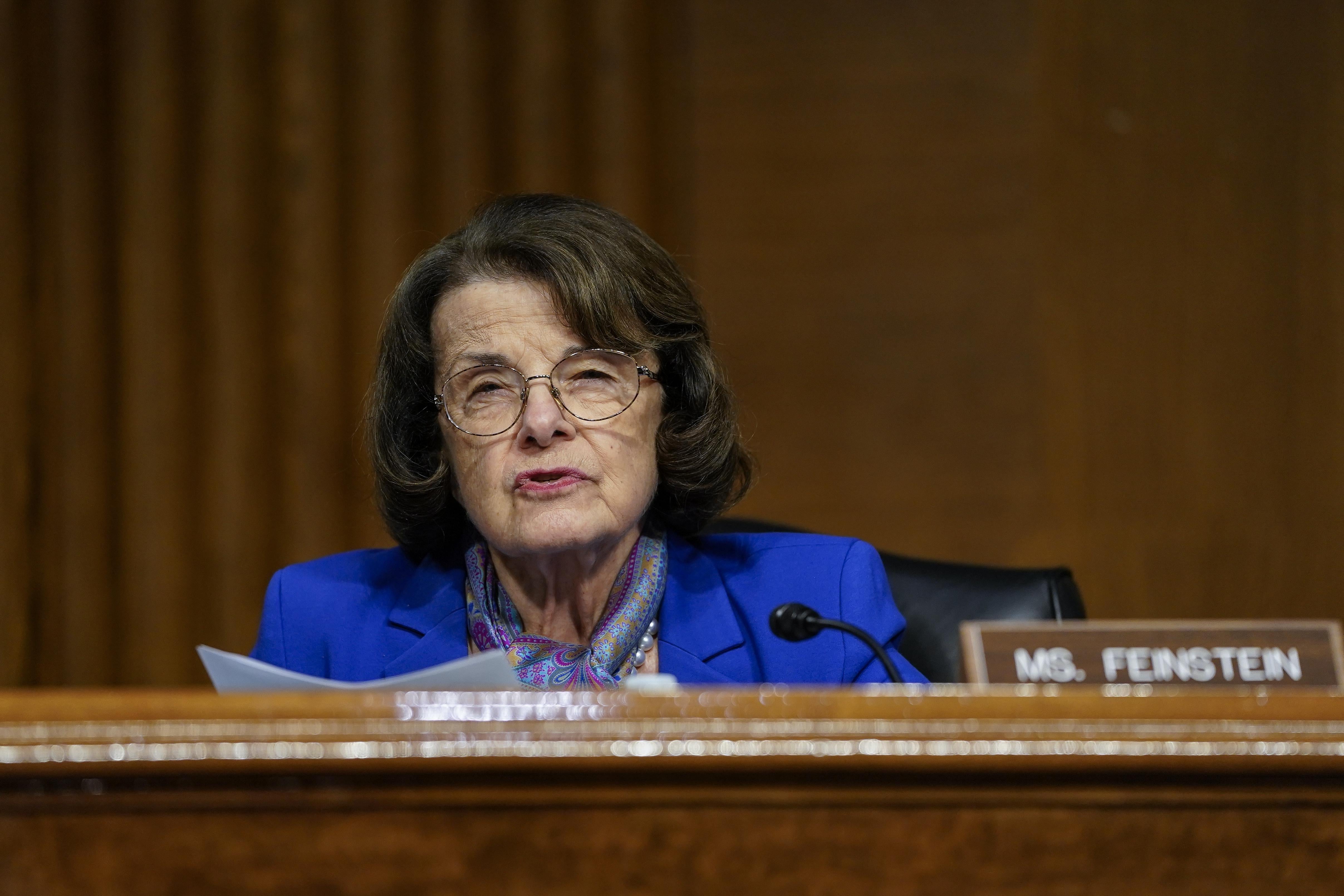 Sen. Dianne Feinstein (D-CA) questions witnesses during a Senate Intelligence Committee hearing on Capitol Hill on February 23, 2021 in Washington, D.C.