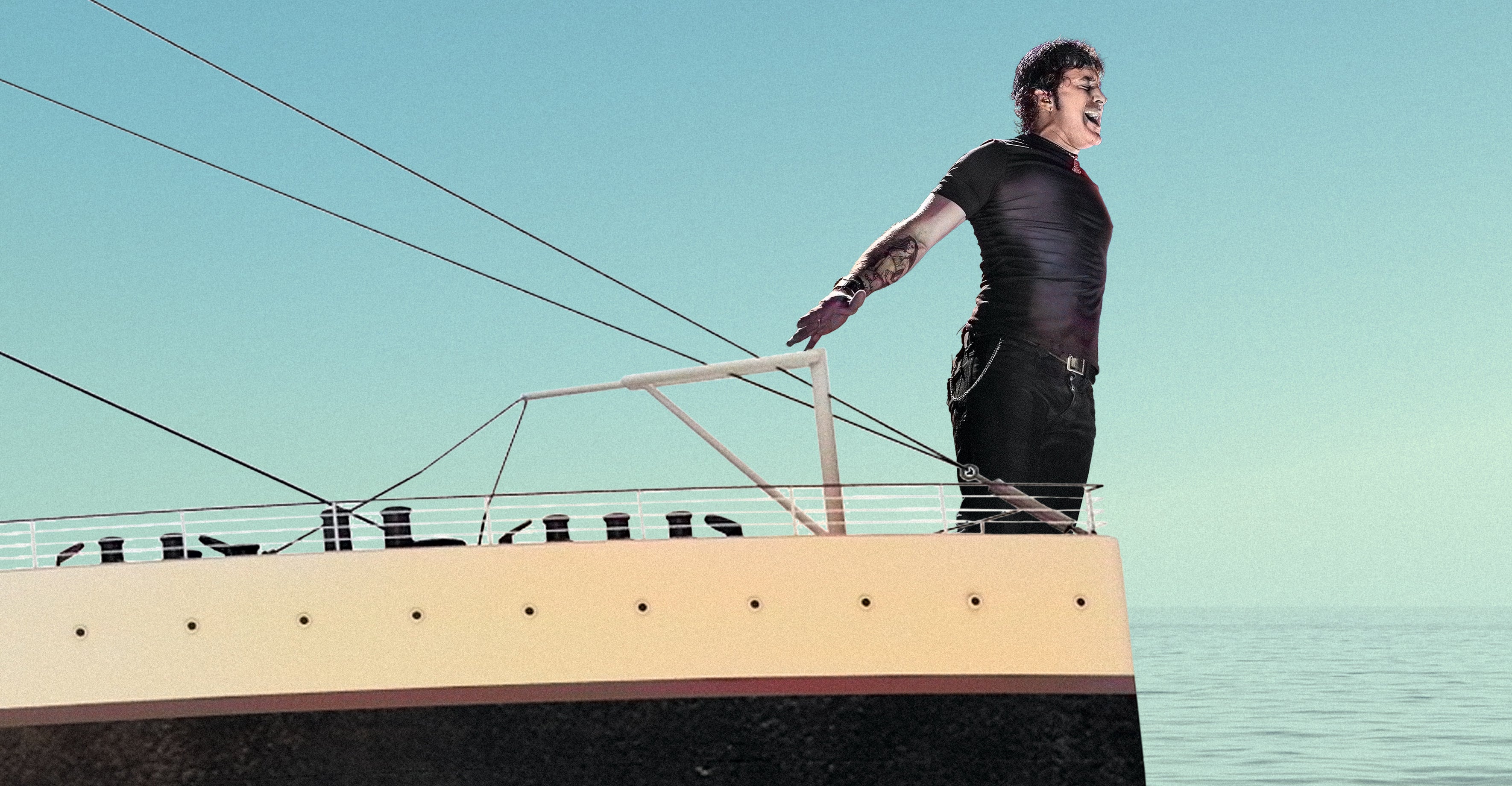 Scott Stapp, the lead singer of Creed, stands aboard a cruise ship, his arms wide open, reminiscent of that scene from Titanic.