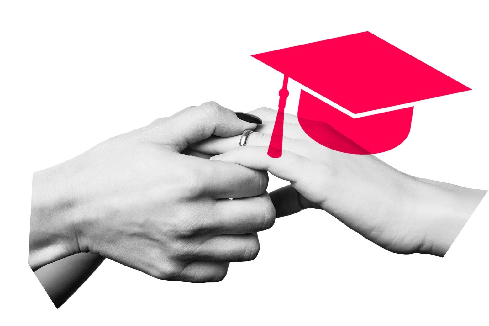 A hand putting a wedding band onto another hand overlaid with a graphic of a graduation cap.