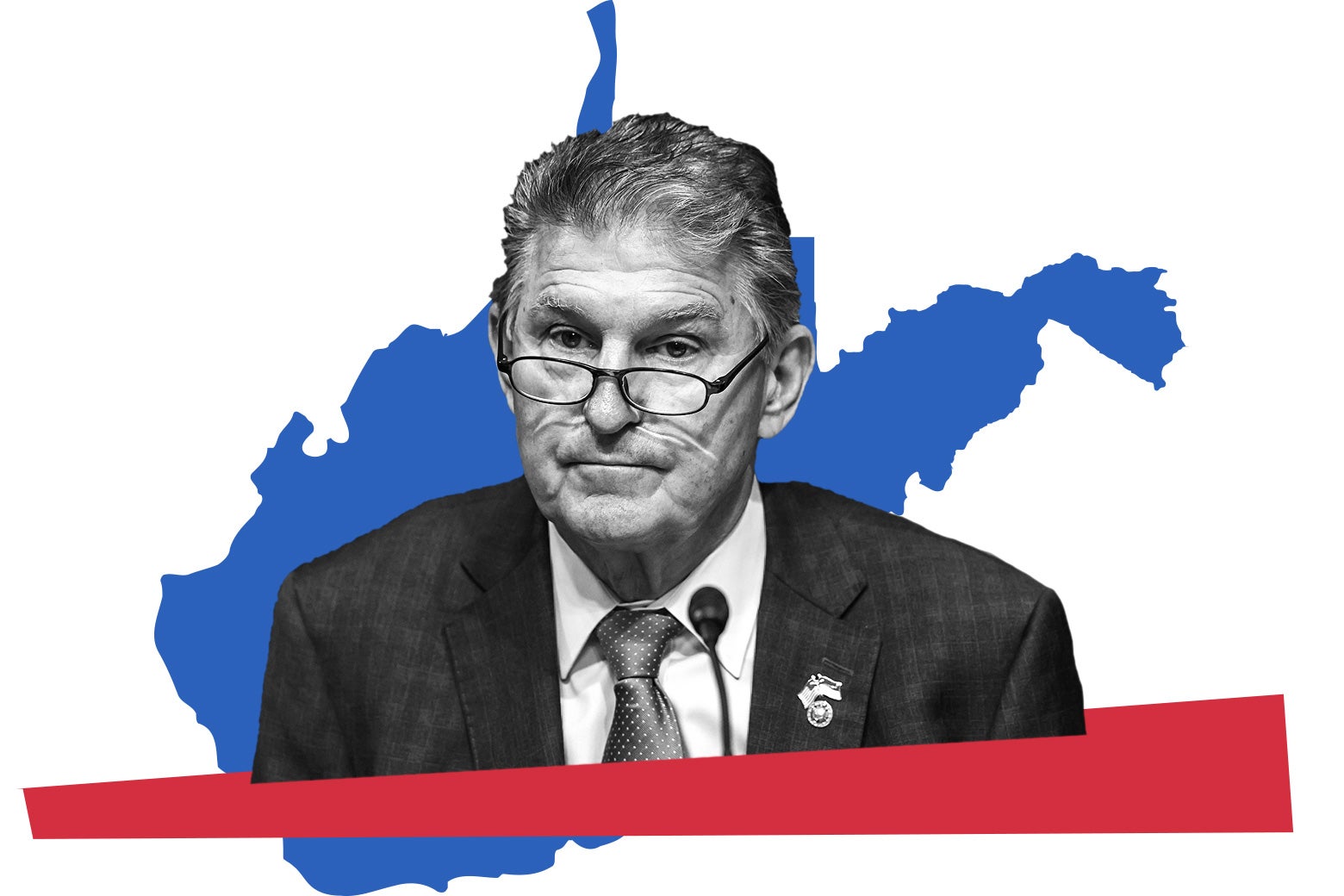 Joe Manchin wearing glasses in front of a microphone set on a red bar, with a blue drawing of West Virginia's shape in the background