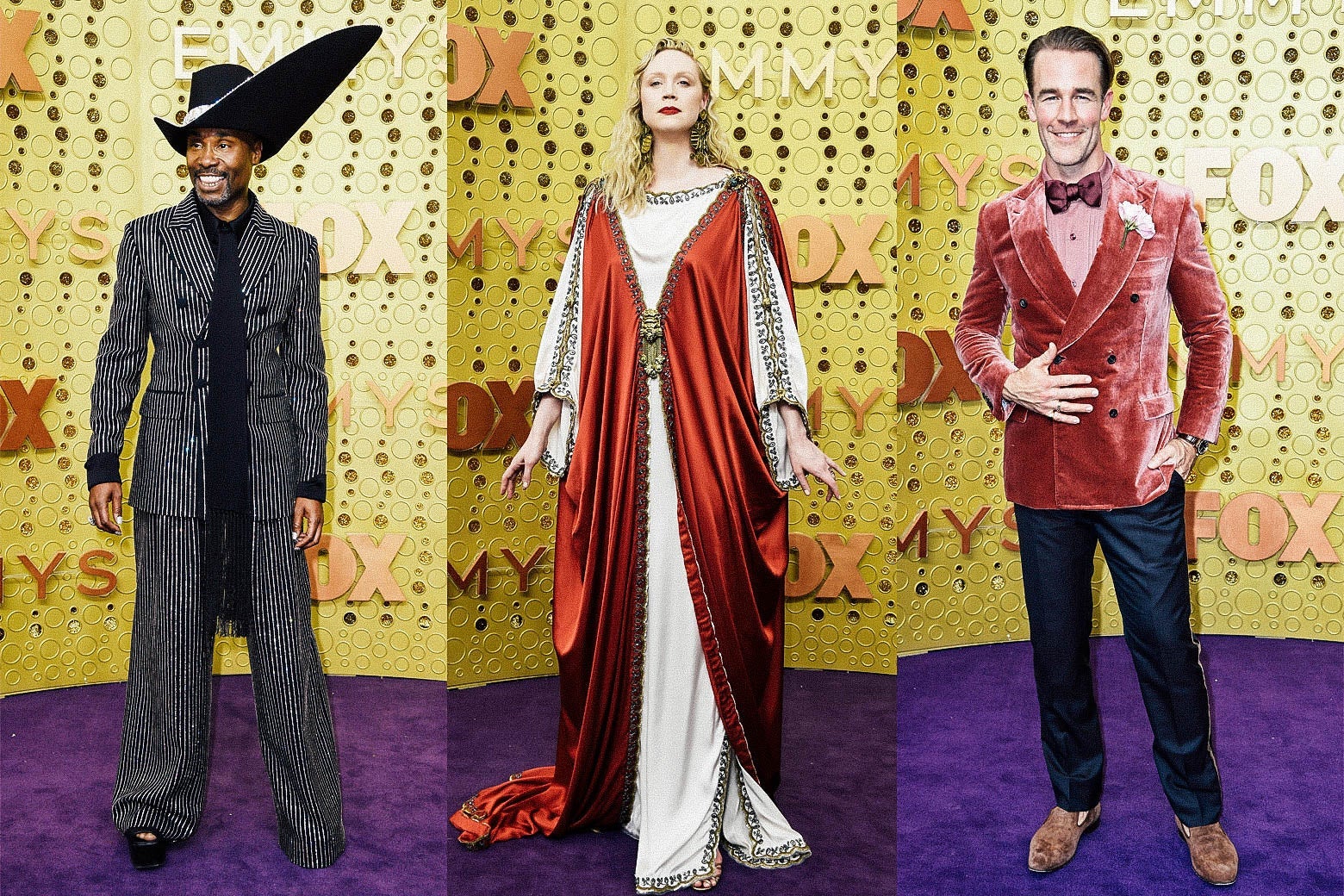Billy Porter, Gwendoline Christie, and James Van Der Beek on the Emmys purple carpet.