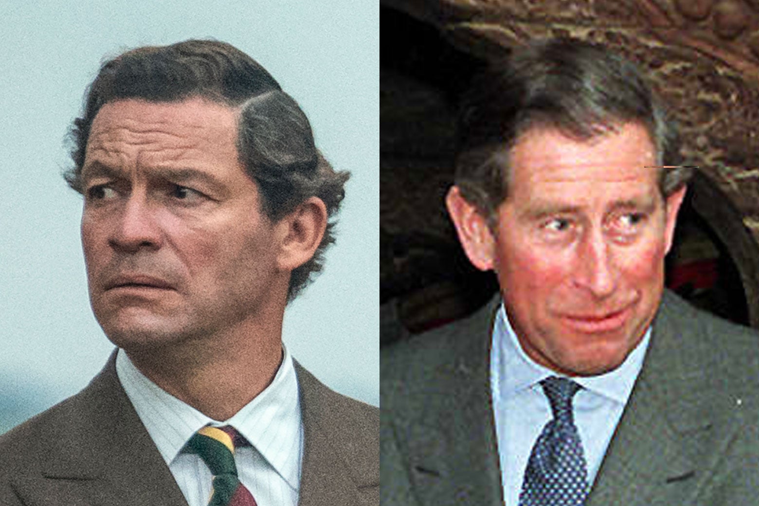 Left: Dominic West as Prince Charles. Right: Prince Charles.