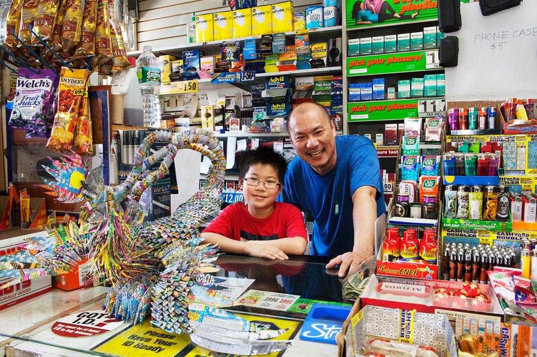 Peter, S&R Market Sheepshead Bay, Brooklyn, New York. Peter makes origami sculptures with the discarded lottery tickets his customers leave behind.