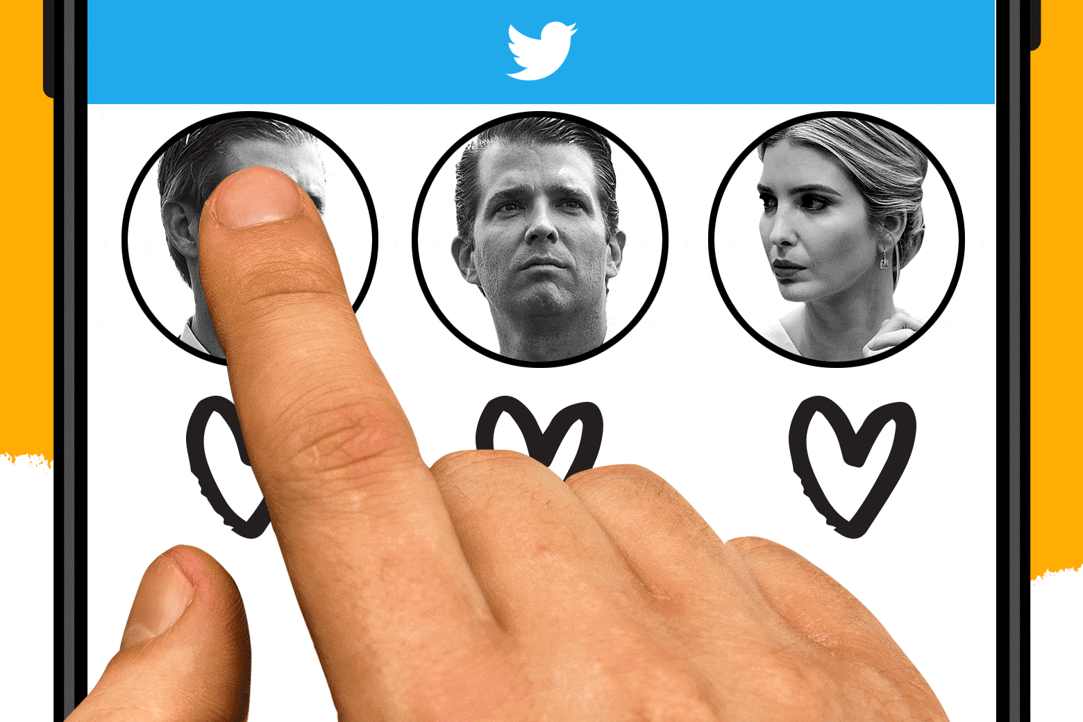 GIF of Don Jr., Eric, and Ivanka Trump in a social media window with a distracted finger alternating liking them.