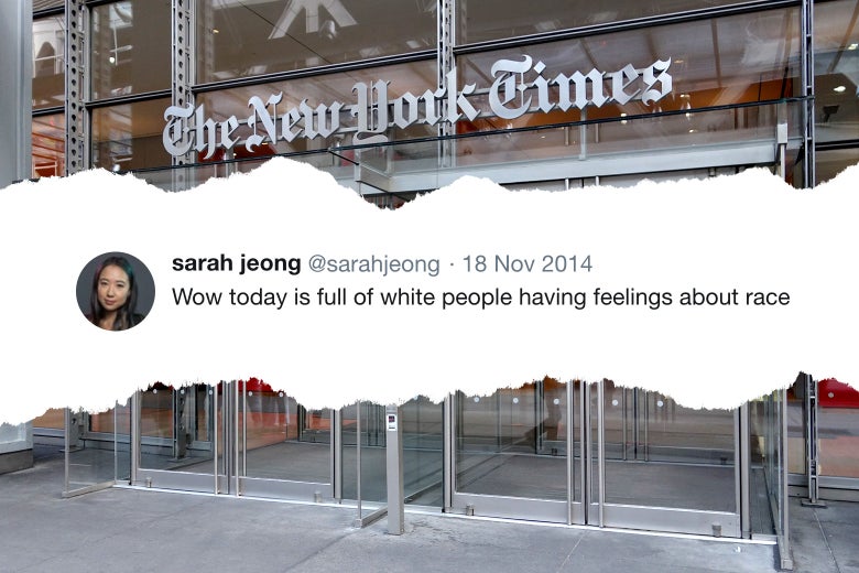 An old Sarah Jeong tweet and the New York Times building.