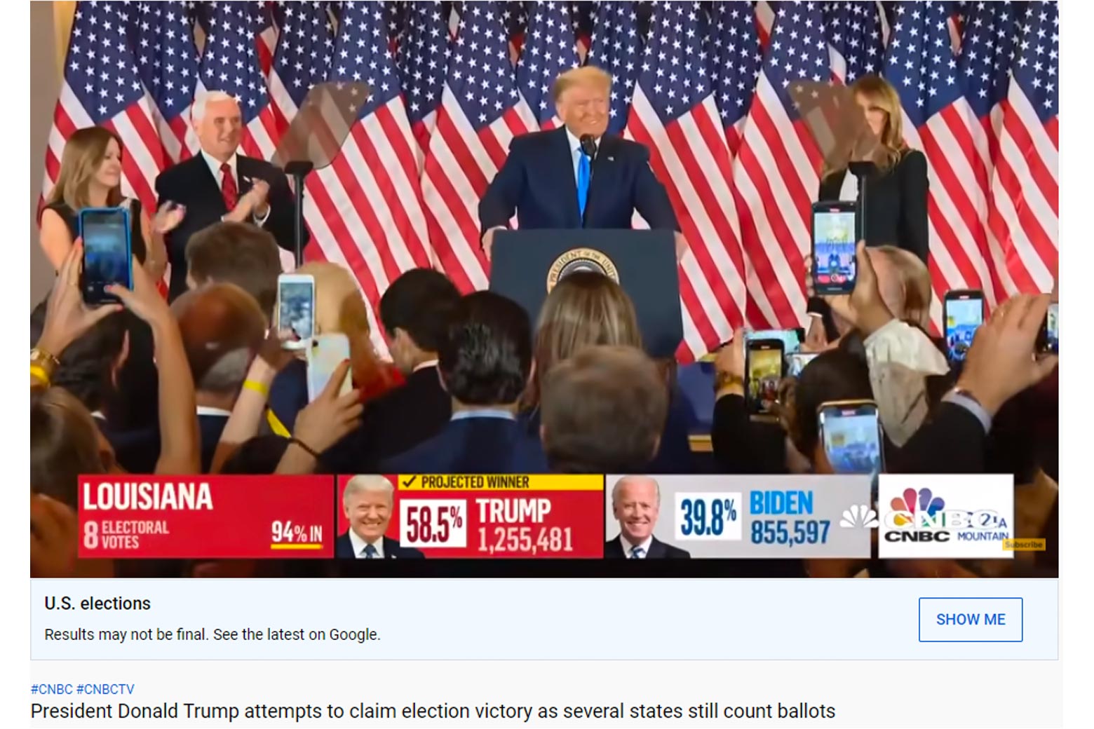 Screenshot from YouTube of a CNBC election broadcast, with a label under the video that says "Results may not be final. See the latest on Google"