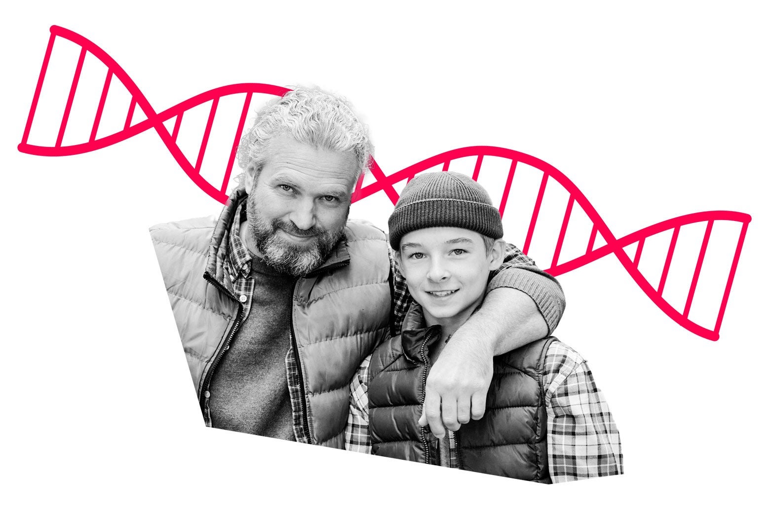 Father and son, and a strand of DNA behind them.