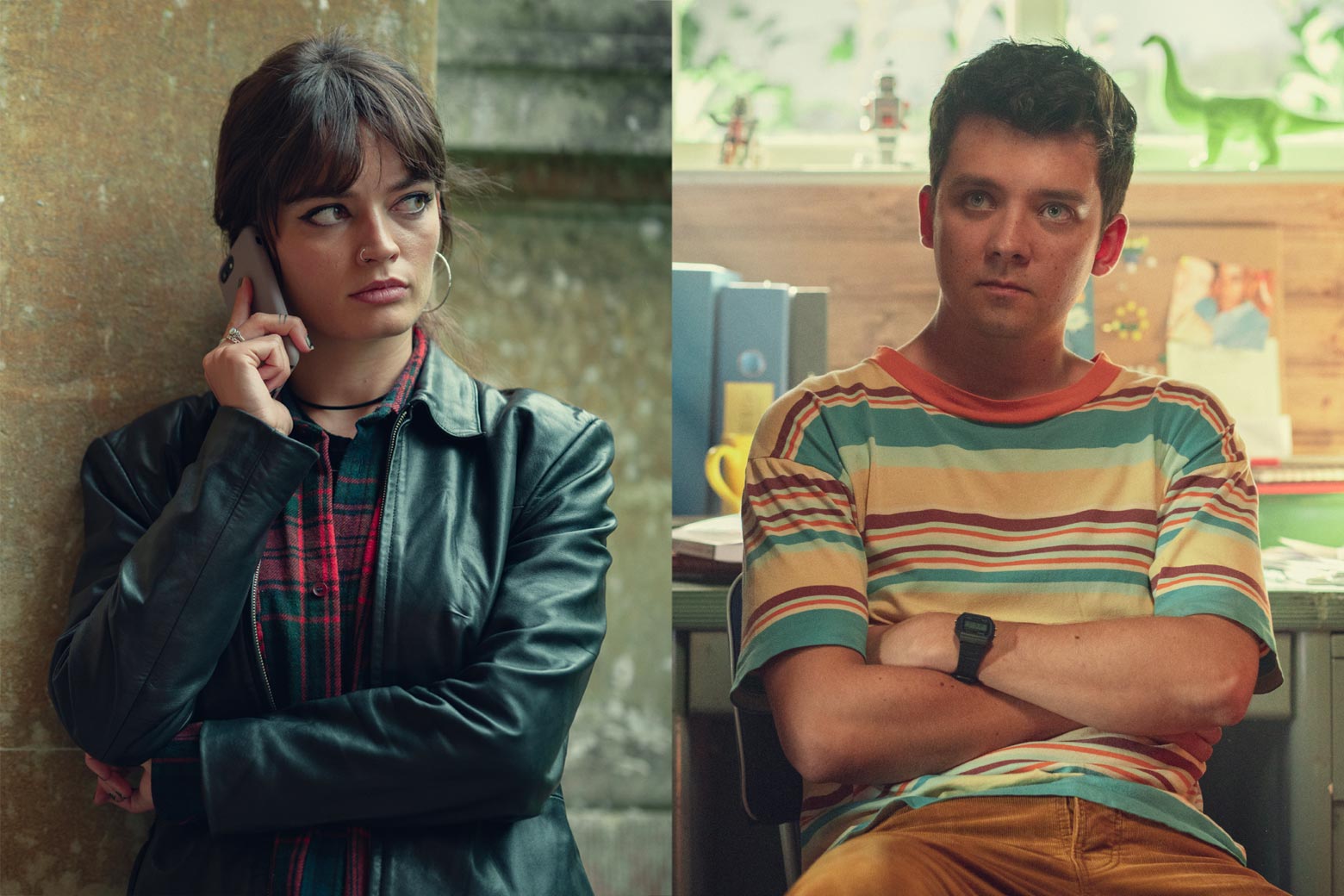 Left: Maeve played by Emma Mackey. Right: Otis played by Asa Butterfield.