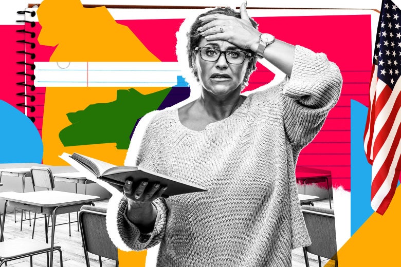 A stressed-out teacher holding an open book in one hand and holding her other hand to her forehead.