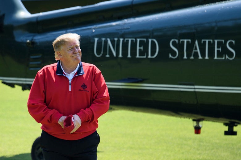 President Donald Trump arrives at Mobara Country Club to play a round of golf with Japan's Prime Minister Shinzo Abe in Chiba on May 26, 2019. 