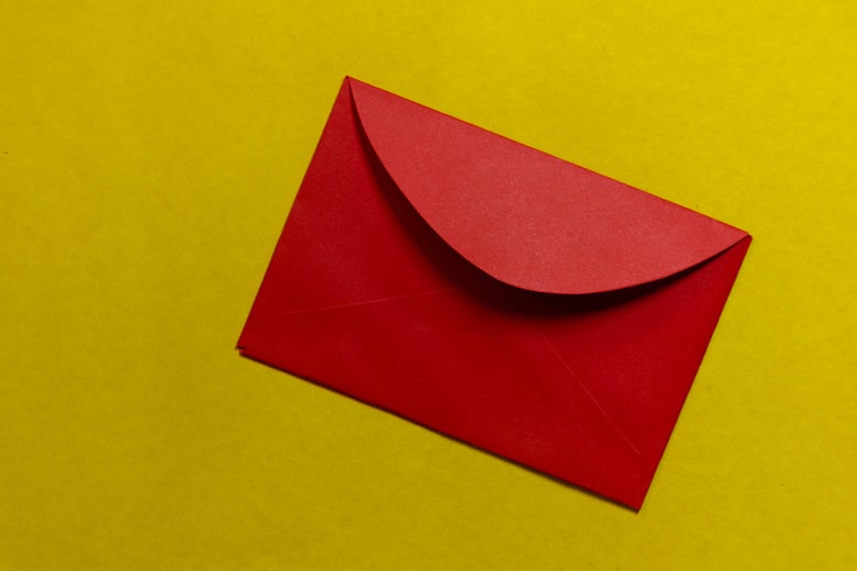 A red envelope on a yellow background.