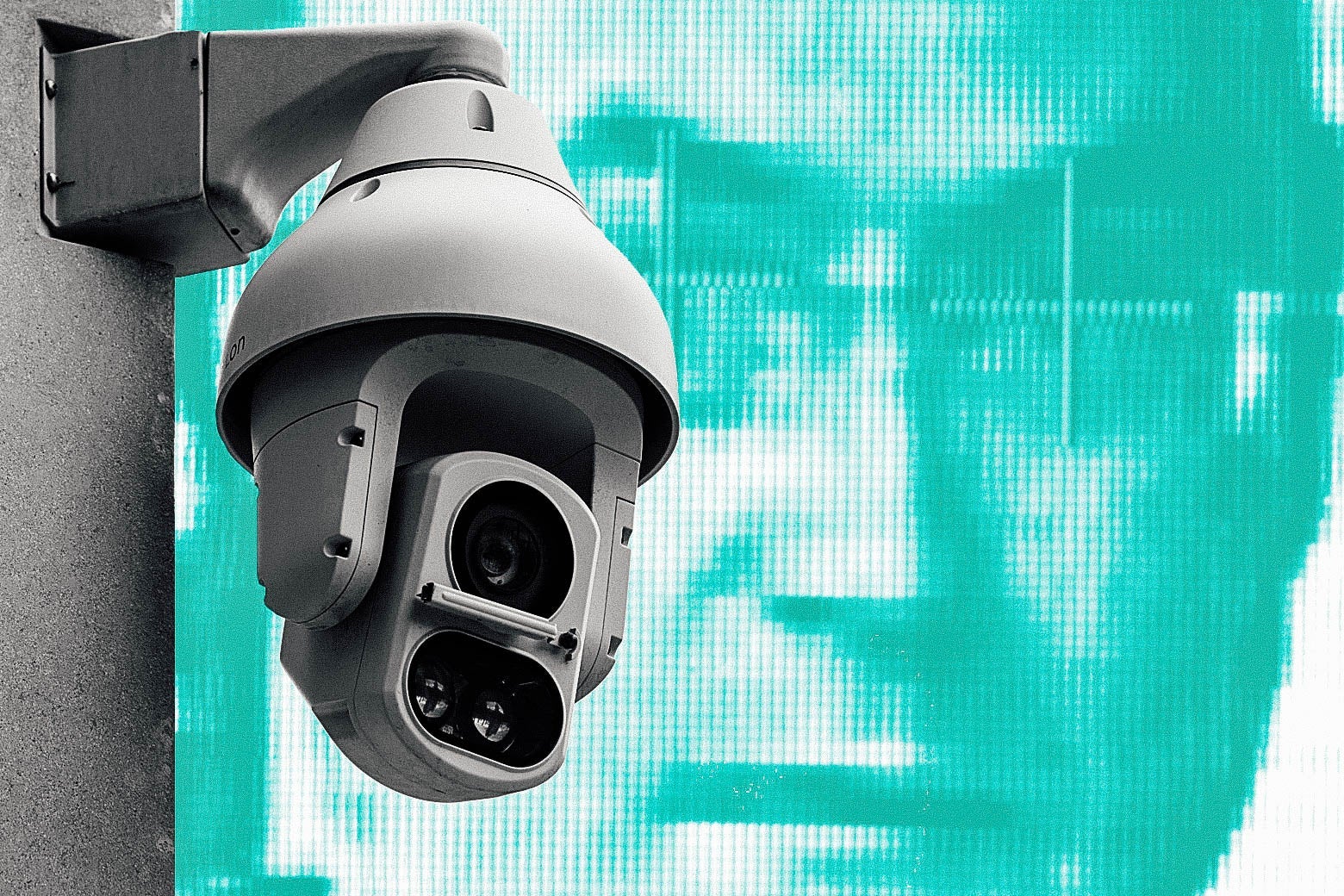 A surveillance camera set against a backdrop of facial recognition software midscan.