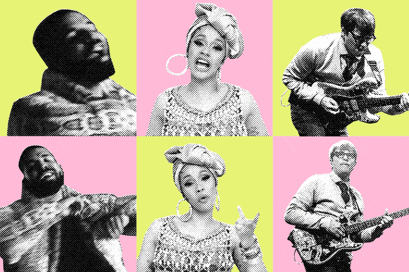 A grid of video screenshots of Drake, Cardi B, and Weezer.