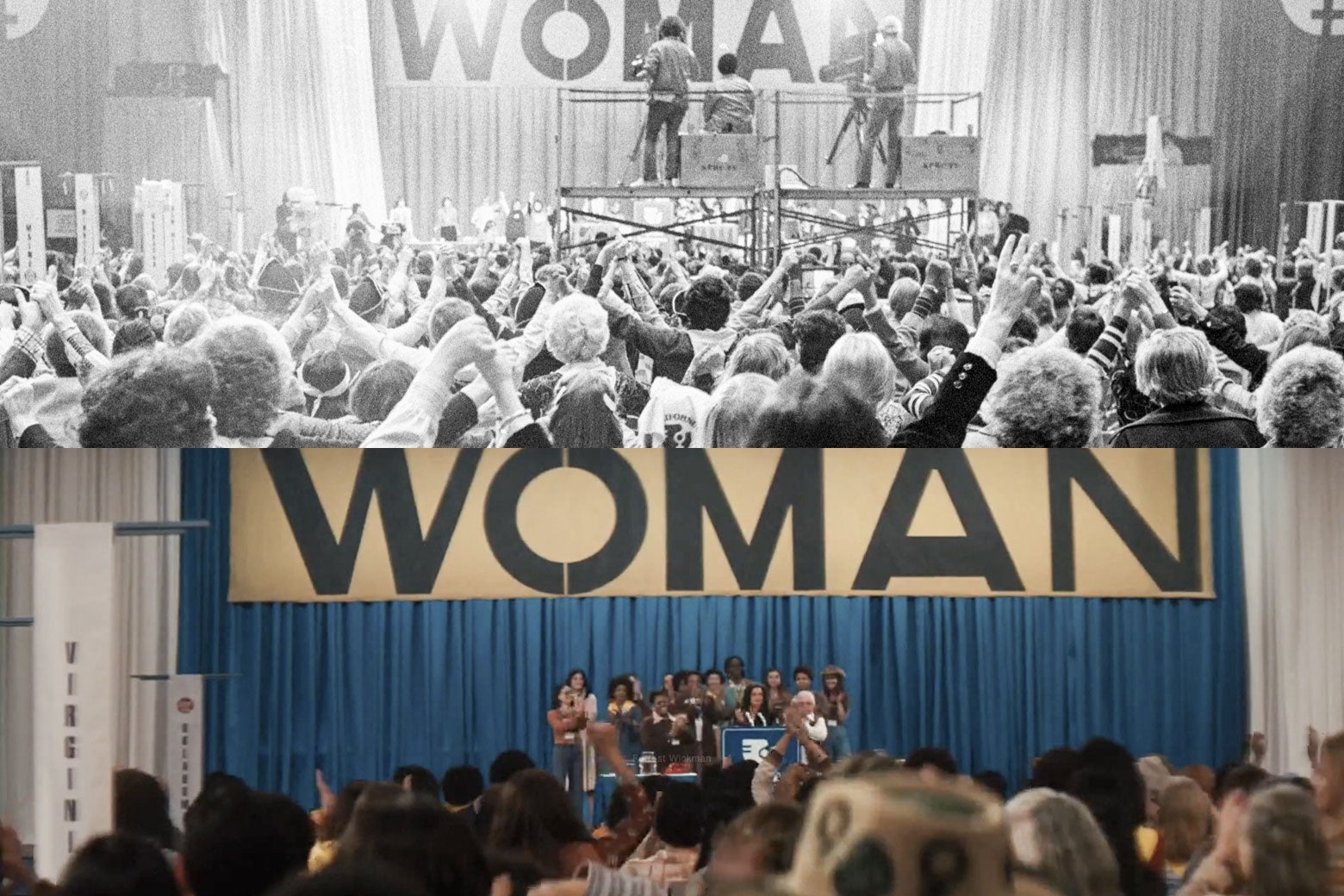 The two stages match each other to a T, with the big banner on the stage in both reading simply "Woman" in the same font.