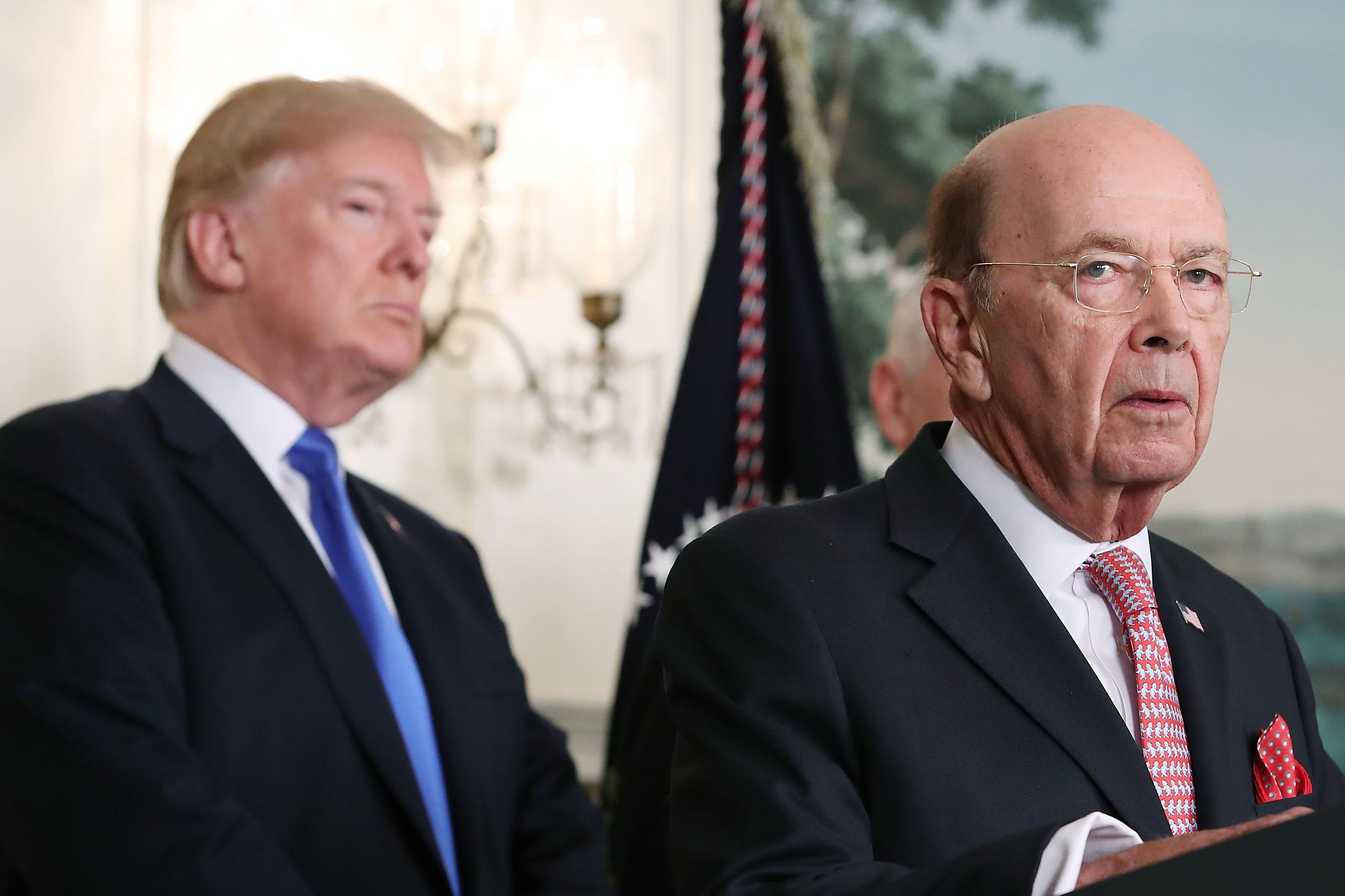 WASHINGTON, DC - MARCH 22: Commerce Secretary Wilbur Ross (R) speaks before U.S. President Donald Trump signed a presidential memorandum aimed at what he calls Chinese economic aggression in the Roosevelt Room at the White House on March 22, 2018 in Washington, DC.  (Photo by Mark Wilson/Getty Images)