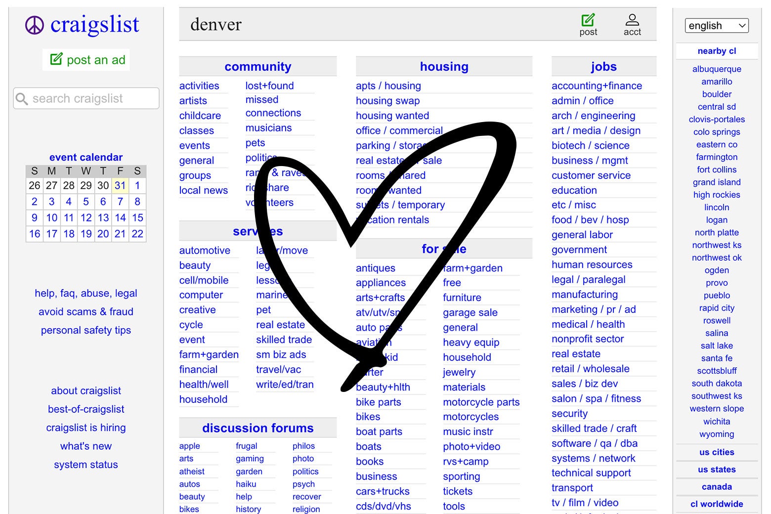 Craigslist homepage with a heart over it