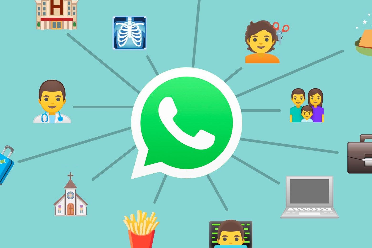 WhatsApp logo surrounded by emoji of doctors, office workers, and families