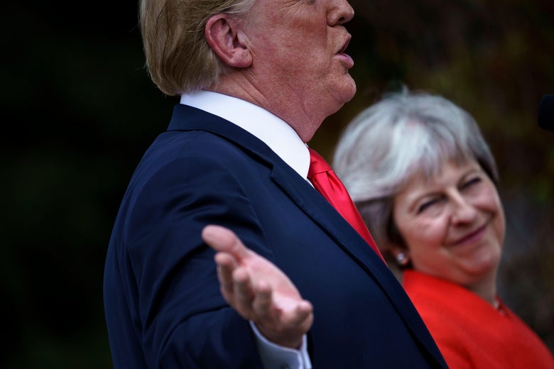 President Donald Trump and Britain's Prime Minister Theresa May hold a joint press conference following their meeting at Chequers, the prime minister's country residence, near Ellesborough, northwest of London on July 13, 2018.