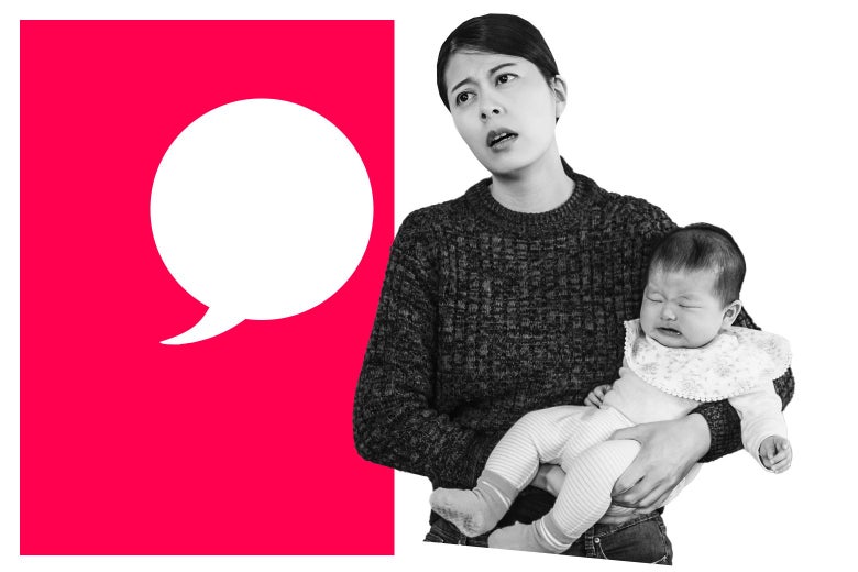 Woman holding a baby, looking exasperated, next to a speech bubble.