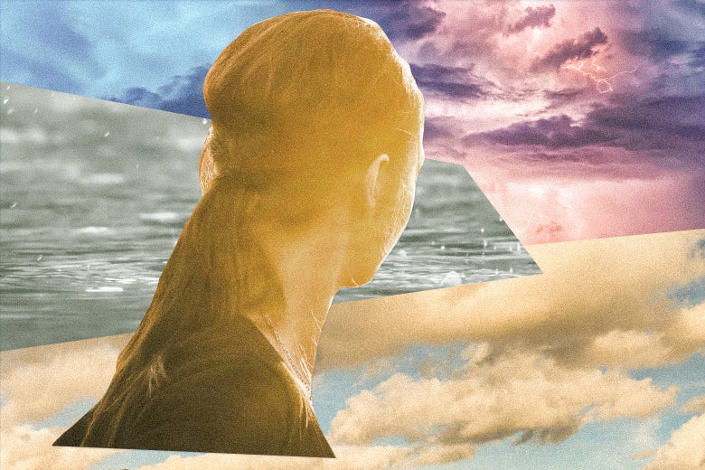 A woman looks toward a collage of clouds, some of which look bright, some of which are dark and murky.