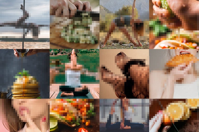 A grid of images of food, cooking, yoga, and other non-pornographic things, blurred to look like they've been censored.