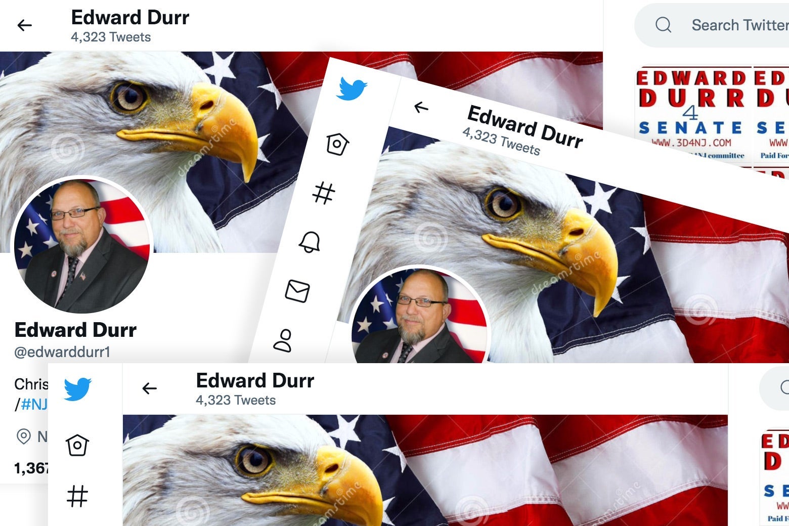 A collage of images of Edward Durr's Twitter homepage, which features his photo over images of an eagle and a U.S. flag.