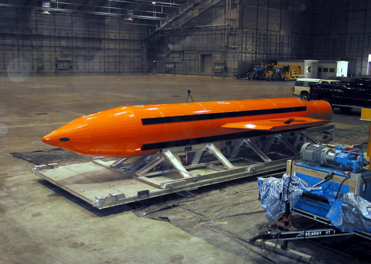 A Massive Ordnance Air Blast - or more commonly known as the Mother of All Bombs (MOAB) weapon is prepared for testing at the Eglin Air Force Armament Center on March 11, 2003. 