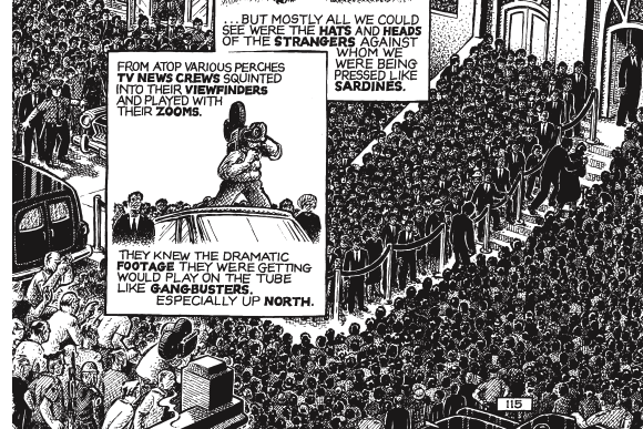 A scene of many, many people at a funeral.