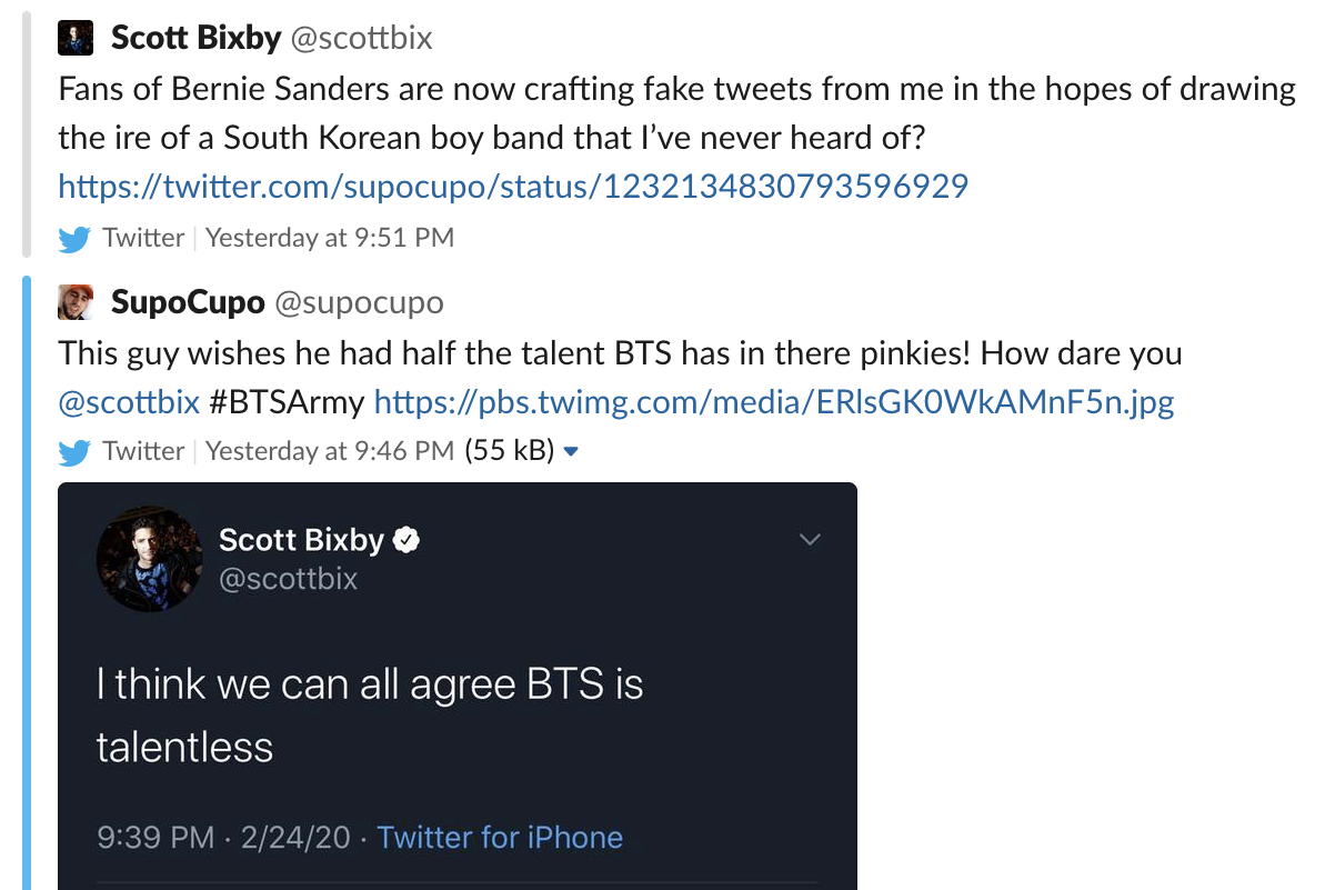 A tweet in which a user posts a photoshopped tweet of Scott Bixby saying, "I think we can all agree BTS is talentless," and Bixby quote-tweeting said tweet.