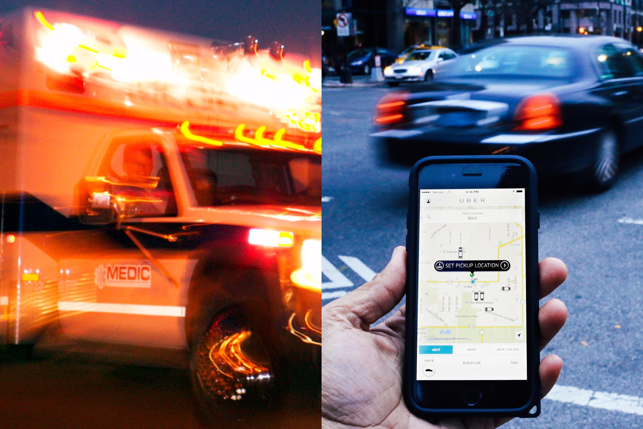 At left, an ambulance. At right, a hand holds a phone with an open Uber app.
