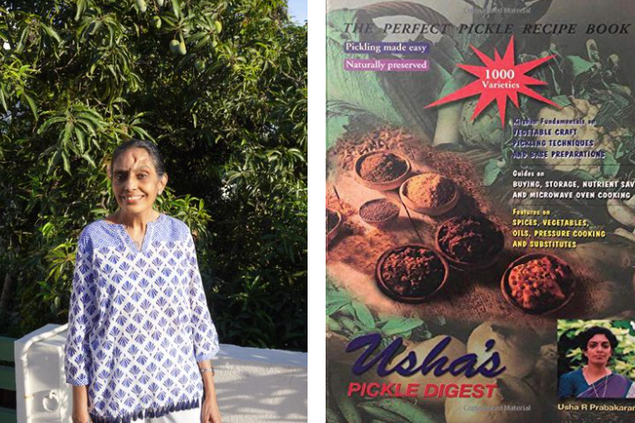 On the left, author Usha Prabhakaran stands outside and smiles toward the camera. On the right, the cover of Usha's Pickle Digest, which shows an array of spices and vegetables.