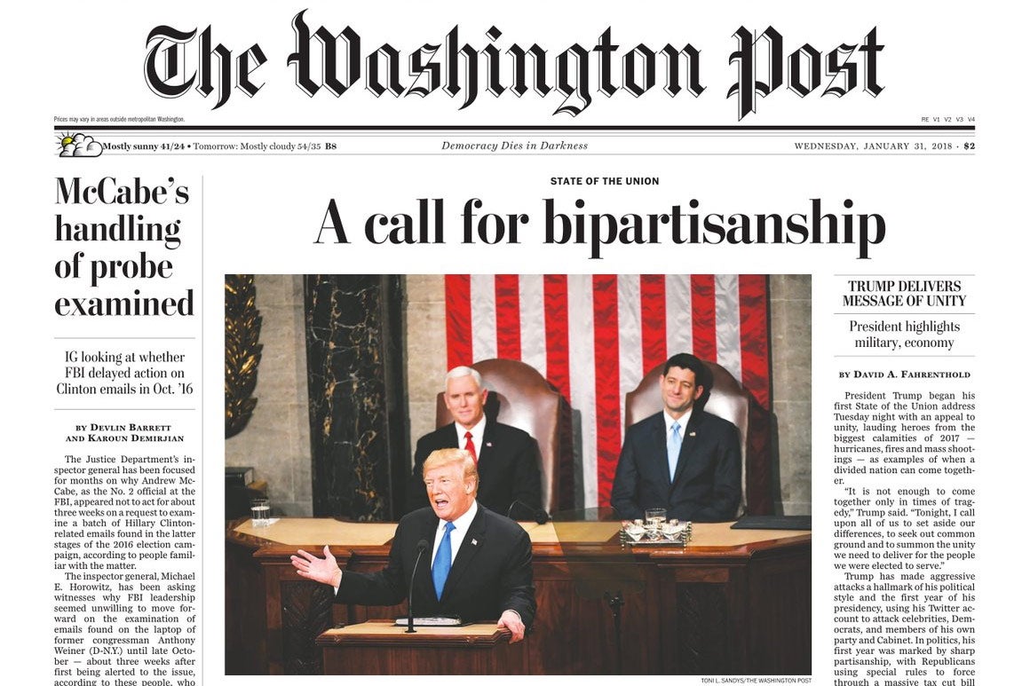 Washington Post front page called Trump’s State of the Union Speech “a