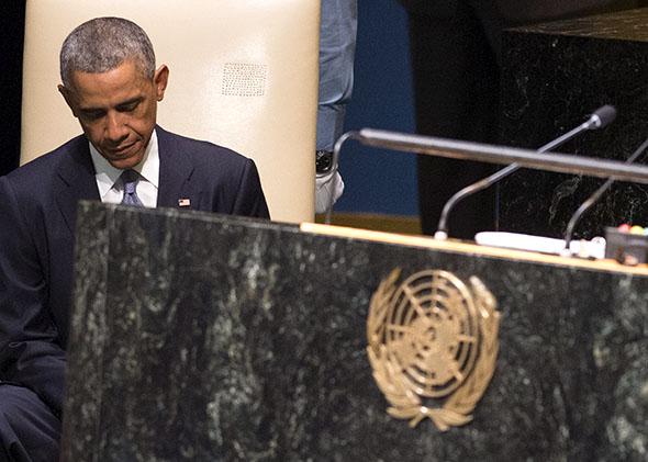 President Obama sits after speaking during the 69th Session of the UN General Assembly at the United Nations.