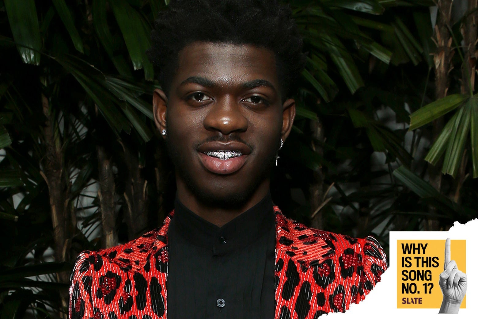 Collage of Lil Nas X smiling in a red leopard print blazer at a red carpet event with the "Why Is This Song No. 1" logo in the bottom right corner
