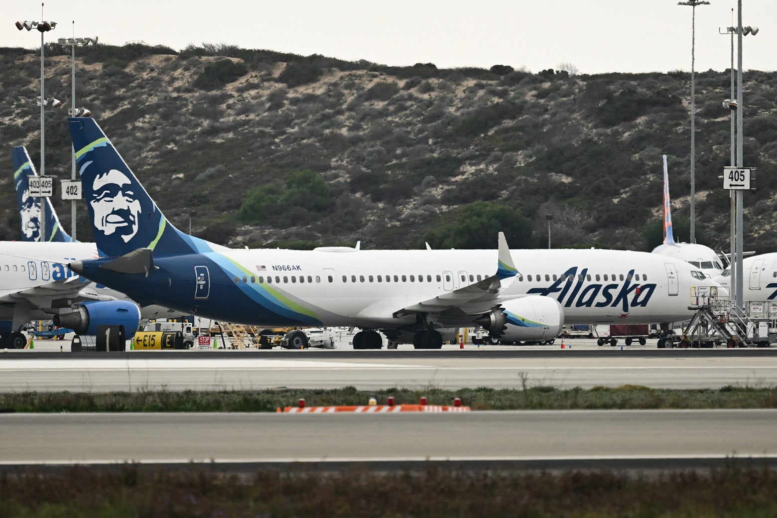 A Boeing 737 Max from Alaska Airlines on the tarmac. 