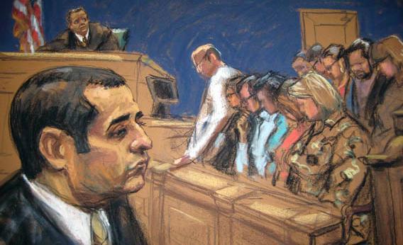 Former New York City police officer Gilberto Valle, dubbed by local media as the "Cannibal Cop" after a verdict was delivered at his trial as seen in this courtroom sketch in New York, March 12, 2013.