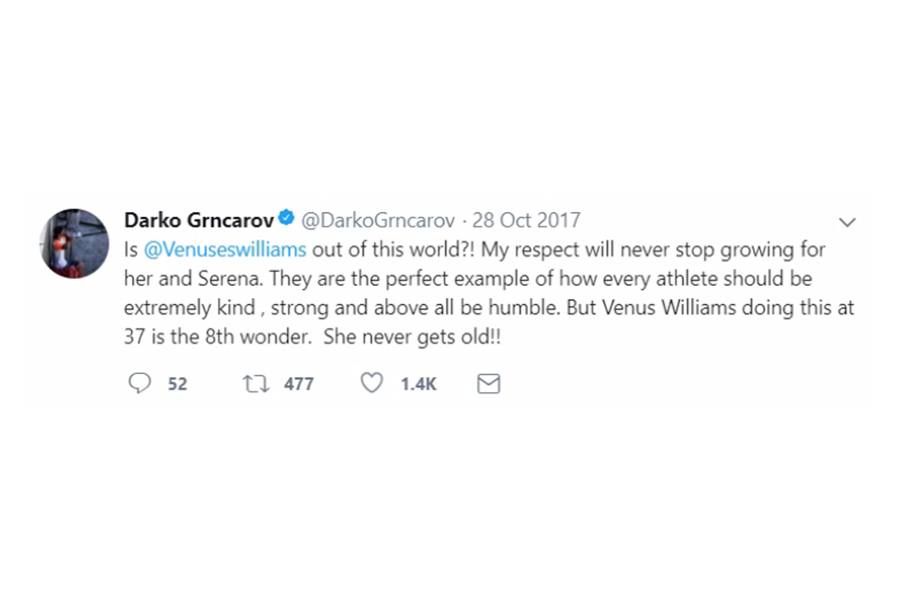 Screenshot: a tweet from the verified Darko Grncarov account dated Oct. 28 praises Venus and Serena Williams. Screenshot from Twitter.