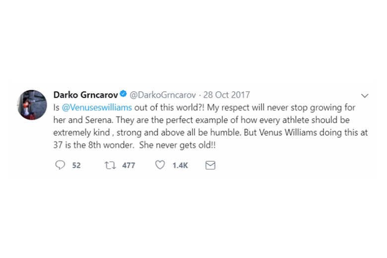 Screenshot: a tweet from the verified Darko Grncarov account dated Oct. 28 praises Venus and Serena Williams. Screenshot from Twitter.