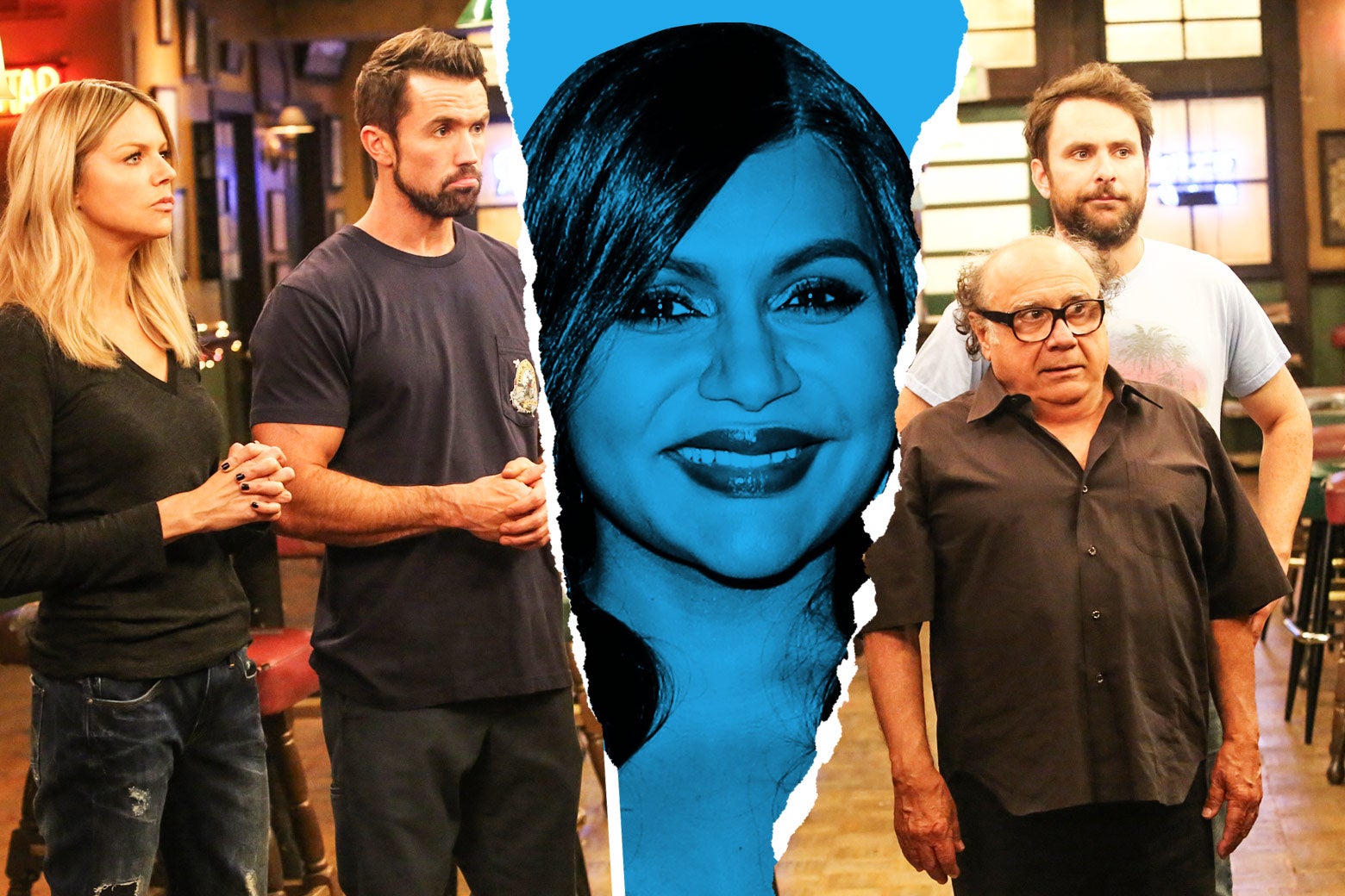 Mindy Kaling in the middle of the Gang (Kaitlin Olson as Dee, Rob McElhenney as Mac, Danny DeVito as Frank, Charlie Day as Charlie).